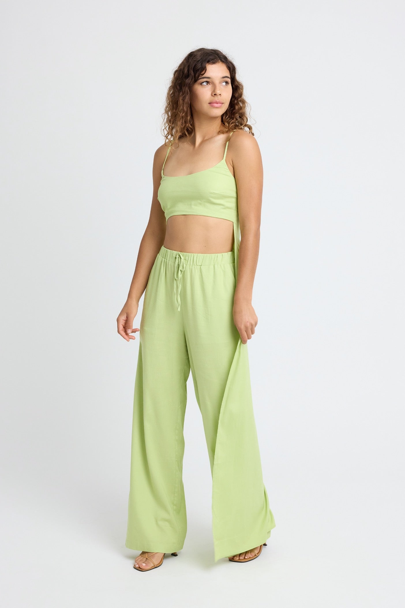 Green Linen Crop Top with Train Back